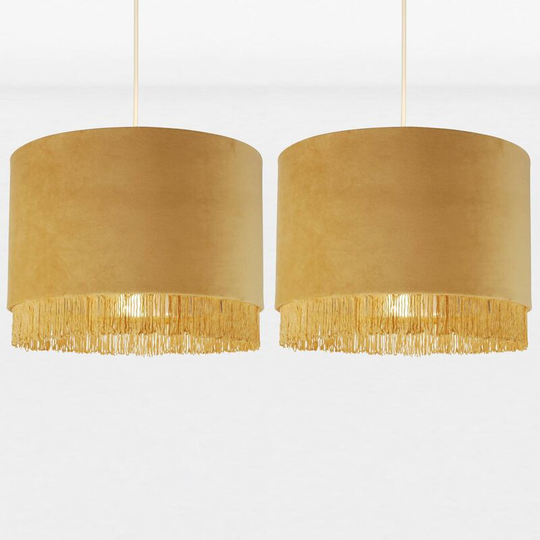 Set of 2 Sand Velvet With Chrome Inner Tassled Light Shades - Sand velvet with chrome inner detail