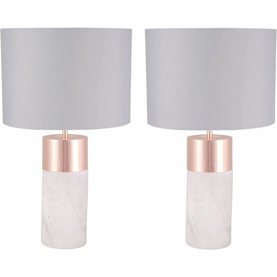 First Choice Lighting - Pair of Layered Cylinder White Marble and Copper Table Lamps with Grey Fabric Shades - Gloss white marble with grey flecks