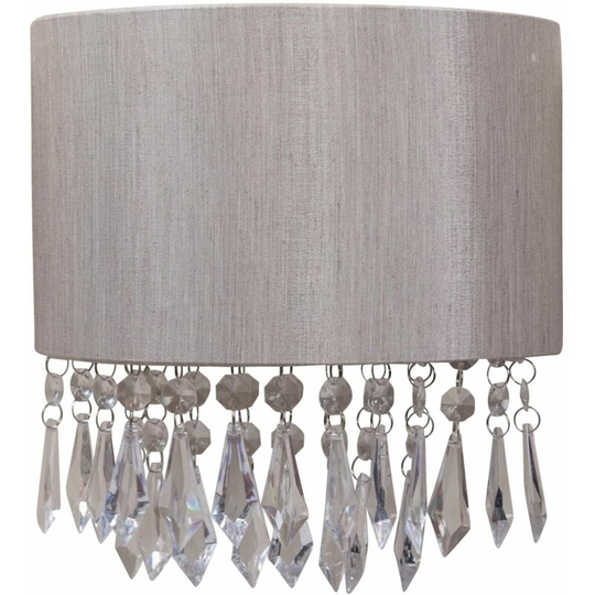 First Choice Lighting - Jewelled Silver Grey Fabric Wall Light With Clear Beaded Crystal Style Strings - Silver faux silk with clear acrylic detail