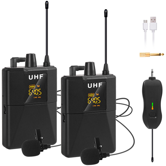 Wireless Lavalier Microphone System Lapel Mic Noise Reduction with Transmitter and Mini Rechargeable Receiver Compatible with DSLR Camera Smartphone