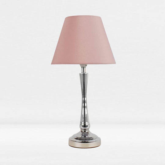 First Choice Lighting - Chrome Plated Bedside Table Light with Detailed Column and Blush Pink Fabric Shade - Polished chrome plate and textured blush