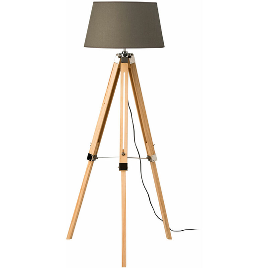 Premier Housewares - Tripod Floor Lamp Pale Wood And Grey Fabric Shade With Natural Wooden Base Free Standing Lamps For Bedroom Hallways Living Room
