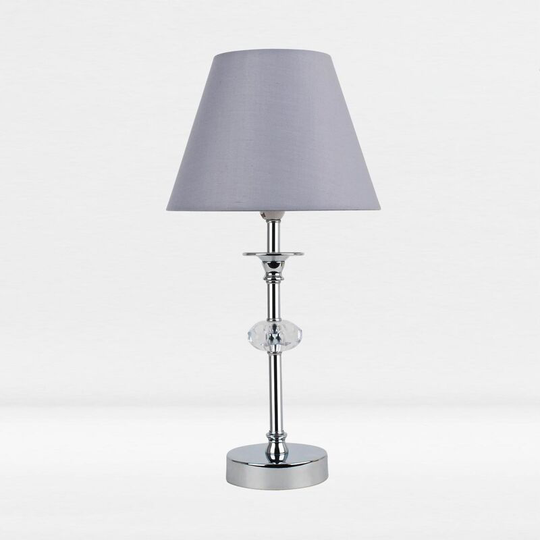 Chrome Plated Stacked Bedside Table Light Faceted Acrylic Detail Grey Fabric Shade - Polished chrome plate with clear acrylic detail and textured