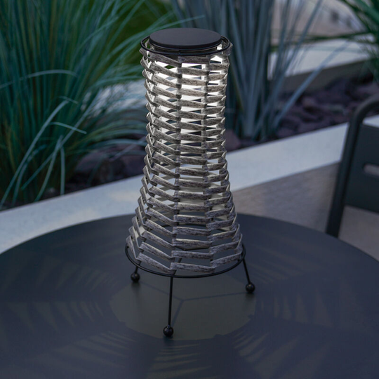 35cm Solar & Battery Power Rattan Style Standing LED Lantern Table Light | Outdoor Garden Decoration Warm White Colour Changing - Grey