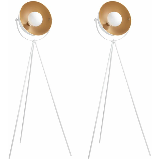 Pair of Retro White Tripod Floor Lamps - White with gold detail