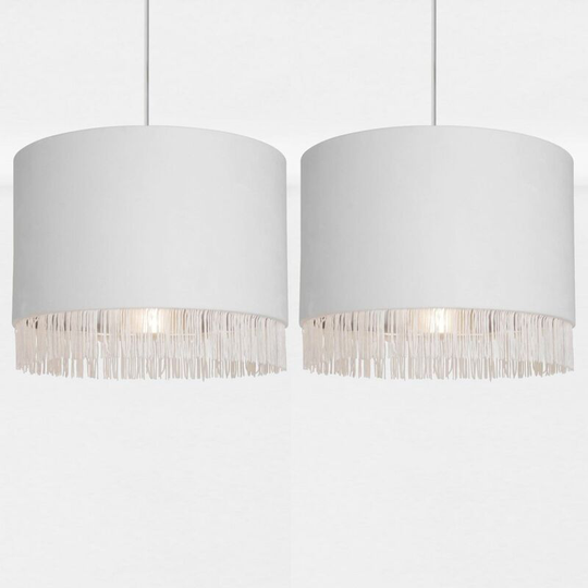 First Choice Lighting - Set of 2 Off White Velvet With Chrome Inner Tassled Light Shades - Off white velvet with chrome inner detail