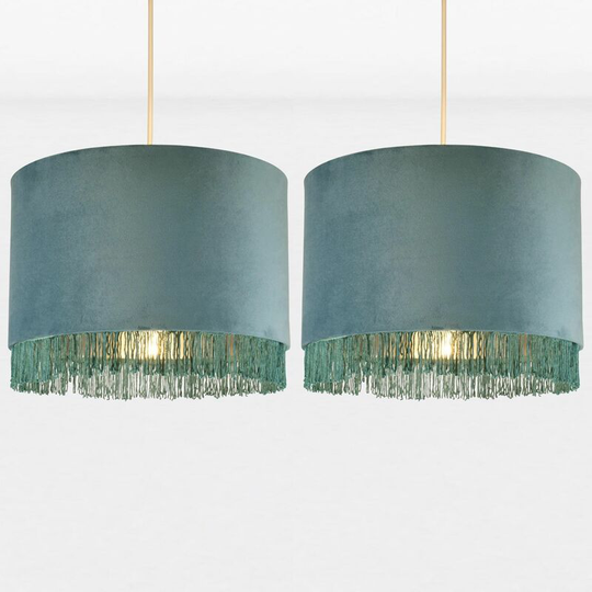 Set of 2 Teal Velvet With Chrome Inner Tassled Light Shades - Teal velvet with chrome inner detail
