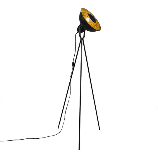 Qazqa - Industrial floor lamp tripod black with gold - Magna Basic 25 - Black