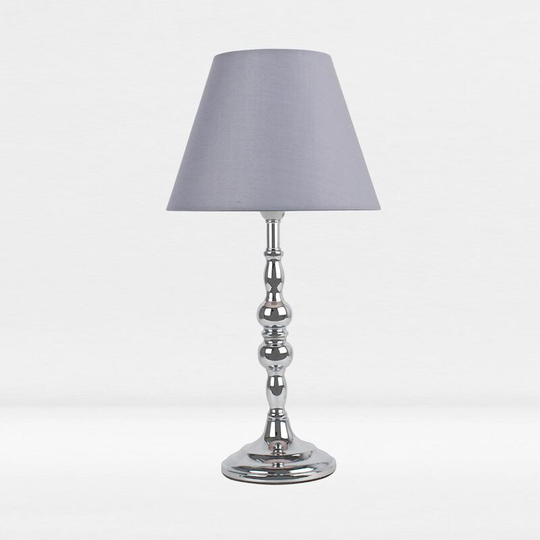 First Choice Lighting - Chrome Plated Bedside Table Light with Candle Column Grey Fabric Shade - Polished chrome plate and textured grey cotton