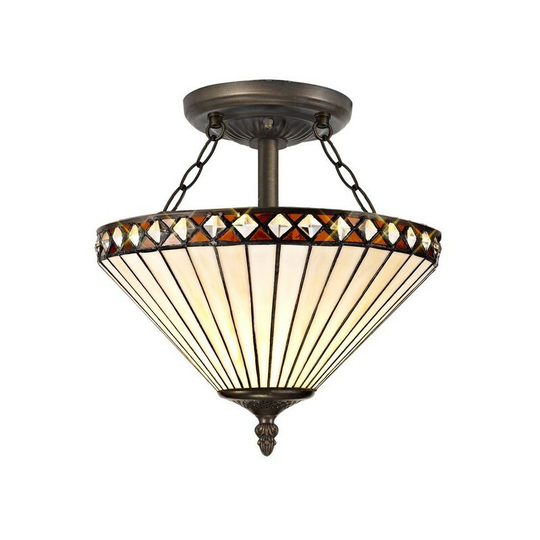 2 Light Semi Flush Ceiling E27 With 30cm Tiffany Shade, Amber, Crystal, Aged Antique Brass - Luminosa Lighting
