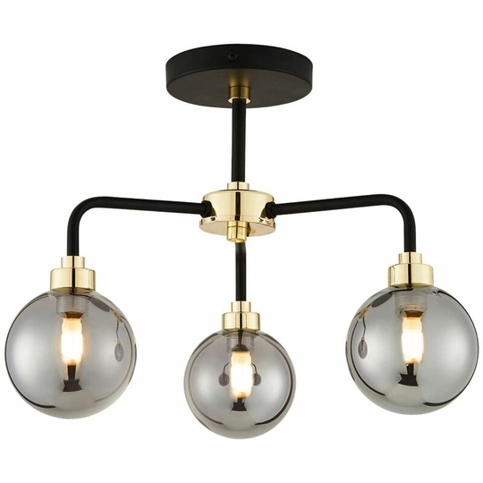 Black Paint and Smoked Glass 3 Light - Matt black with polished brass plate detail and smoked glass