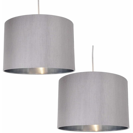 First Choice Lighting - Pair of Grey Faux Silk 30cm Drum Light Shade with Chrome Inners - Grey faux silk with chrome inner detail
