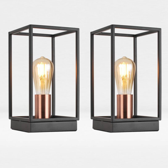 First Choice Lighting - Set of 2 Matt Black With Brushed Copper Detail Table Lights - Matt black with brushed copper plate detail
