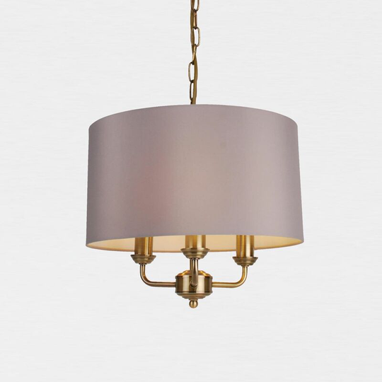 3 Light Antique Brass Pendant Chandelier with Grey Fabric Shade - Antique brass plate and grey cotton