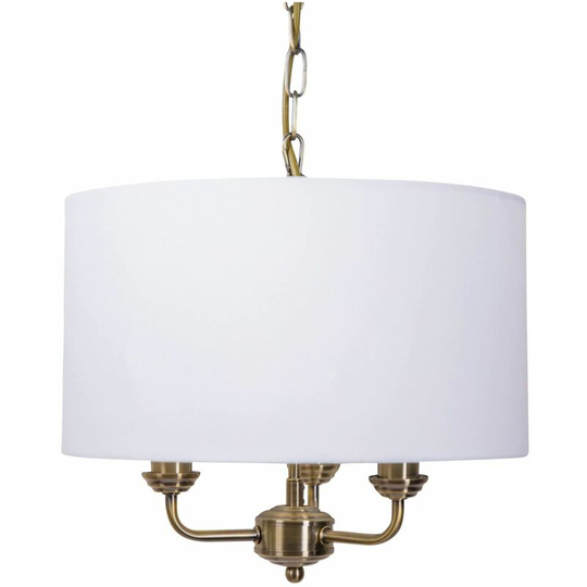 First Choice Lighting - 3 Light Antique Brass Pendant Chandelier with Light Cream Fabric Shade - Antique brass plate and cream cotton