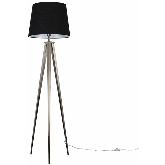 Nero Tripod Floor Lamp in Brushed Chrome with Large Tapered Shade - Black - Including led Bulb
