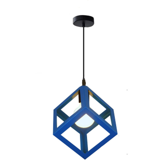 Aougo - E27 Square Pendant Light, Metal Ceiling Light, Wrought Iron Cube Shade, Adjustable Rope Light Fixture for Living Room, Dining Room (Blue)