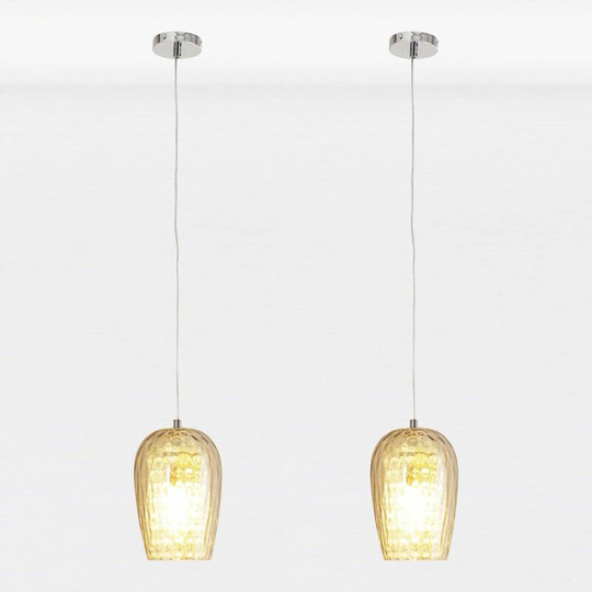 Set of 2 Dimpled Glass and Jewelled Pendant Lights - Polished chrome plate with clear dropper glass detail and clear champagne glass