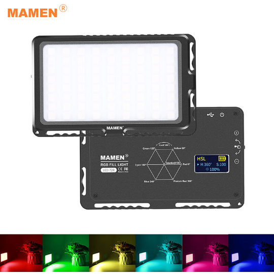 MAMEN LED-72R Compact RGB Full Color LED Video Light Lamp 9 Lighting Effects Dimmable 2200K-25000K CRI96 Built-in Battery DSLR Camera