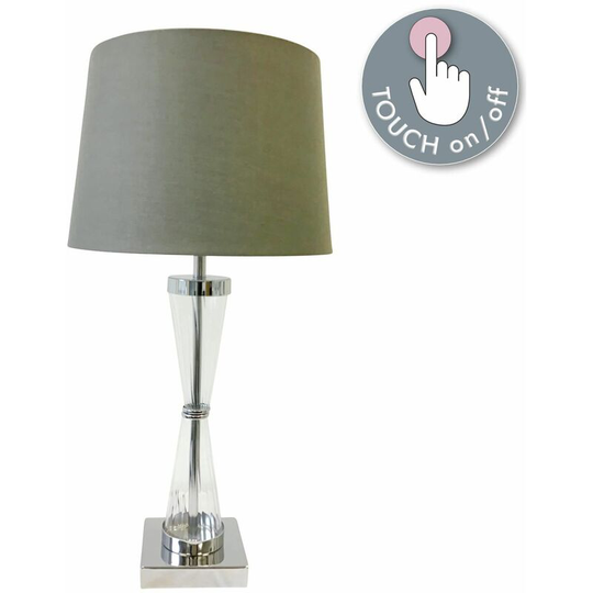 First Choice Lighting - Chrome Plate Table Touch Light with Grey Cotton Fabric Shade - Polished chrome plate with clear acrylic detail and grey cotton