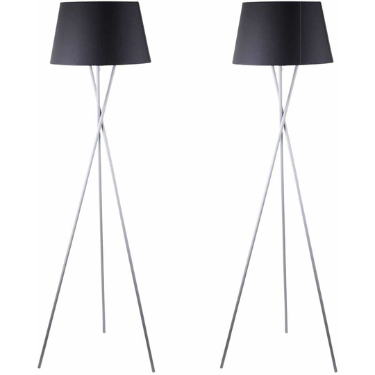 Pair Grey Tripod Floor Lamp with Black Fabric Shade - Grey and black cotton
