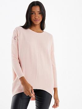 Quiz Light Knit Bow Jumper - Light Pink, Light Pink, Size S, Women
