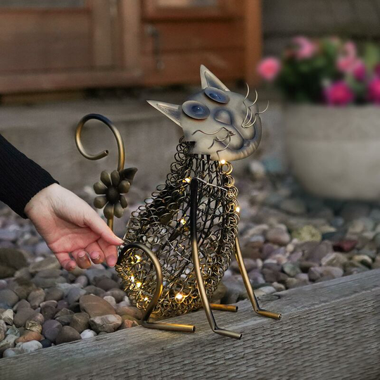 35cm Solar Power Novelty Cat led Light Up Ornament | Garden Outdoor Decoration - Brass