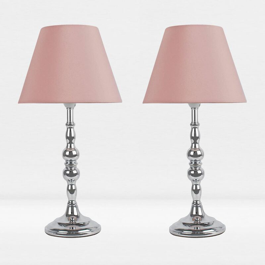 First Choice Lighting - Set of 2 Chrome Plated Bedside Table Light with Candle Column Blush Pink Fabric Shade - Polished chrome plate and textured