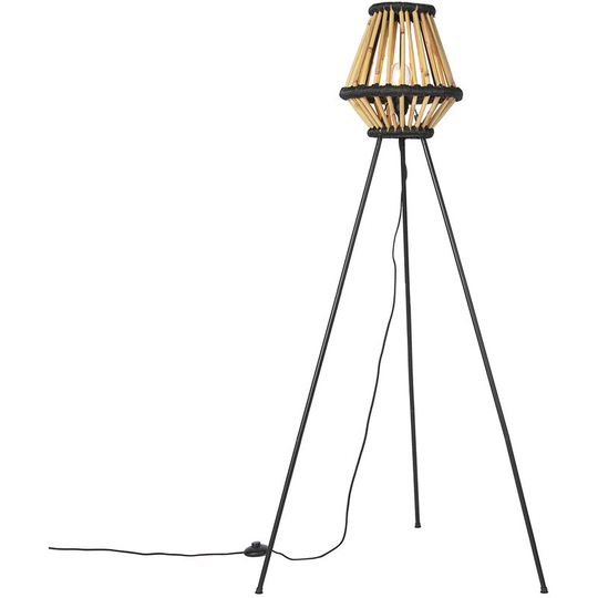 Qazqa - Oriental tripod floor lamp bamboo with black - Evalin - Black