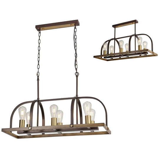 Luminosa Lighting - Luminosa Goshen Ceiling Pendant Oblong 6 Light E27, Antique Bronze, Brown Oxide, Wood