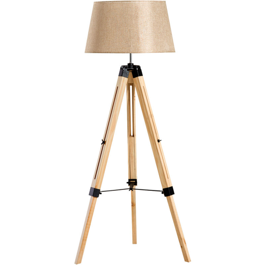 Tripod Floor Lamp w/ Linen Shade Pinewood Legs Adjustable Height White - Cream - Homcom