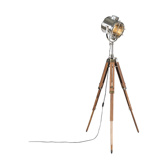 Floor lamp with wooden tripod and studio spot - Tripod Shiny - Chrome