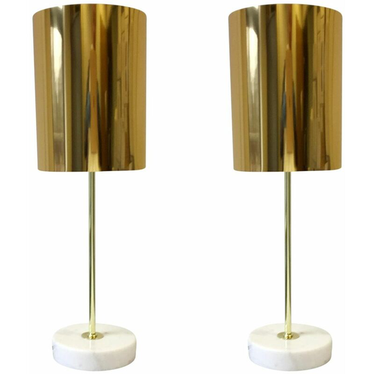 First Choice Lighting - Set of 2 Gold and Marble Table Lights - Gloss white marble with grey flecks with polished gold plate detail and gold pvc