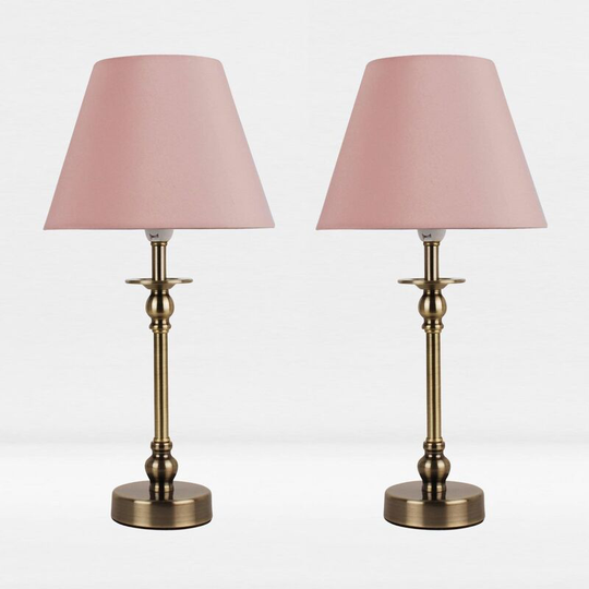 First Choice Lighting - Set of 2 Antique Brass Plate Bedside Table Light with Detailed Column and Blush Pink Fabric Shade - Antique brass plate and