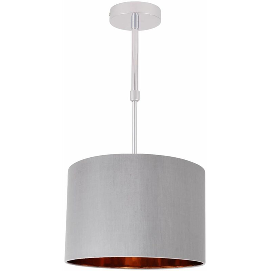 First Choice Lighting - Grey Faux Silk 30cm Drum Light Ceiling Adjustable Flush Shade with Copper Inner - Polished chrome plate and grey faux silk