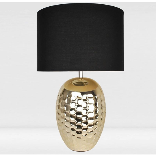 First Choice Lighting - Textured Ceramic Bedside Table Light with Pale Gold Plated Finish and Black Textured Cotton Fabric Shade - Pale gold glaze