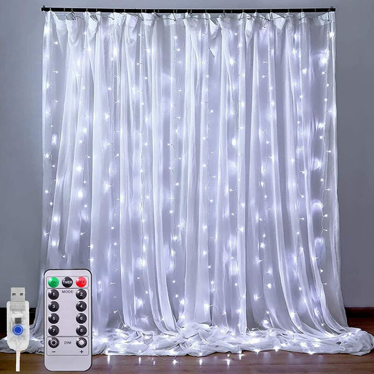 Aougo - Curtain Lights - 3M*3M 300LEDs usb Curtain String Lights, 8 Lighting Modes with Remote Control Window