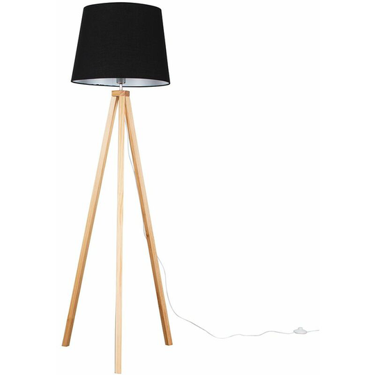 Floor Lamp Modern Wooden Tripod Light in Light Wood with Tapered Shade - Black
