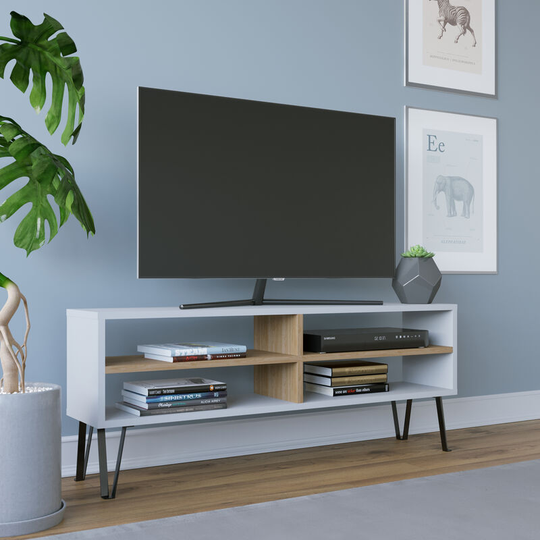 DECOROTIKA Farrar Modern TV Stand TV Unit TV Cabinet Multimedia Centre with Open Shelves - White / Oak