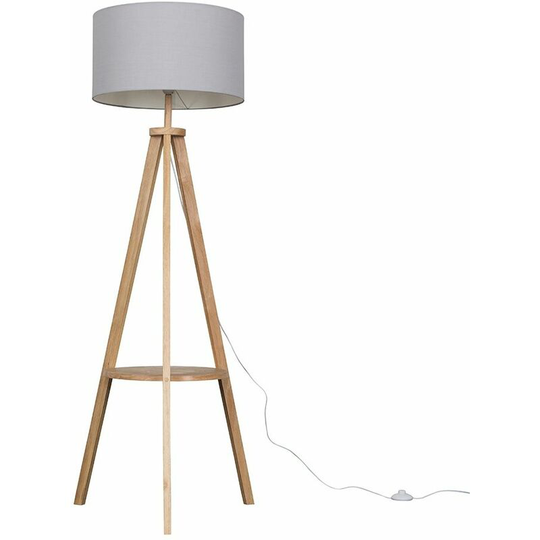 Tripod Shelf Floor Lamp in Light Wood with Large Drum Shade - Cool Grey