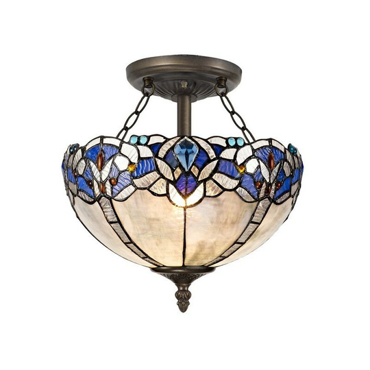 Luminosa Lighting - 2 Light Semi Flush Ceiling E27 With 30cm Tiffany Shade, Blue, Clear Crystal, Aged Antique Brass