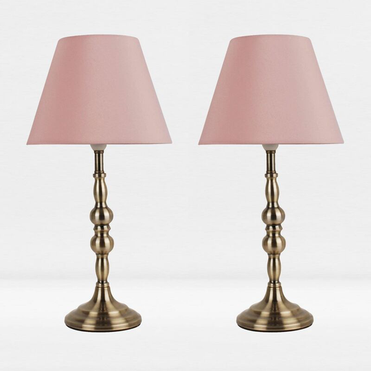 First Choice Lighting - Set of 2 Antique Brass Plated Bedside Table Light with Candle Column Blush Pink Fabric Shade - Antique brass plate and