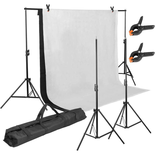 3m x 2m Photography Studio Heavy Duty Backdrop Stand Screen Background Support , 1.6m x 2m White/Black Muslin Backdrop, Adjustable Tripod from 65cm