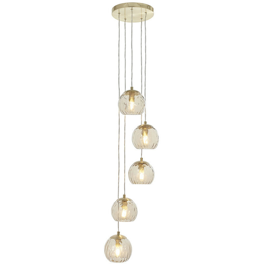 Endon Dimple Modern Cluster 5 Light Pendant Brushed Brass, Champagne Glass Shade