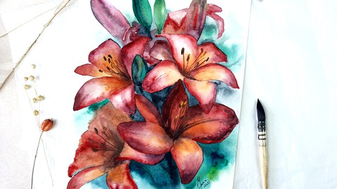 Botanical Series: Watercolor Bouquet of Lilies in Watercolor