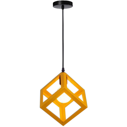 Aougo - E27 Square Pendant Light, Metal Ceiling Light, Wrought Iron Cube Shade, Adjustable Rope Light Fixture for Living Room, Dining Room (Yellow)