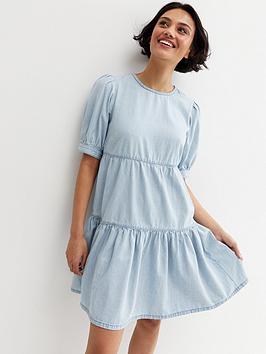 New Look Denim Tiered Mini Smock Dress - Light Wash
