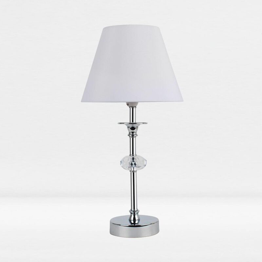 First Choice Lighting - Chrome Plated Stacked Bedside Table Light Faceted Acrylic Detail White Fabric Shade - Polished chrome plate with clear
