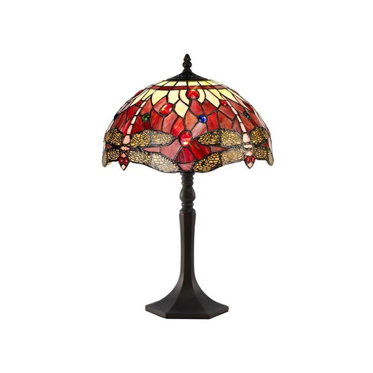 Luminosa Lighting - 1 Light Octagonal Table Lamp E27 With 30cm Tiffany Shade, Purple, Pink, Crystal, Aged Antique Brass