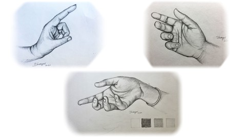Realistic pencil drawing of a human hand